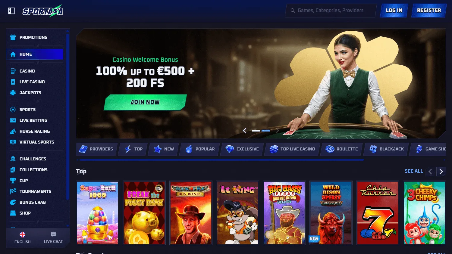 Sportaza Casino desktop home screen with casino and betting access