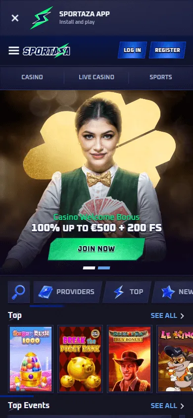 Sportaza Casino mobile browser home screen