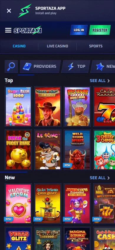 Sportaza Casino mobile games area with casino categories
