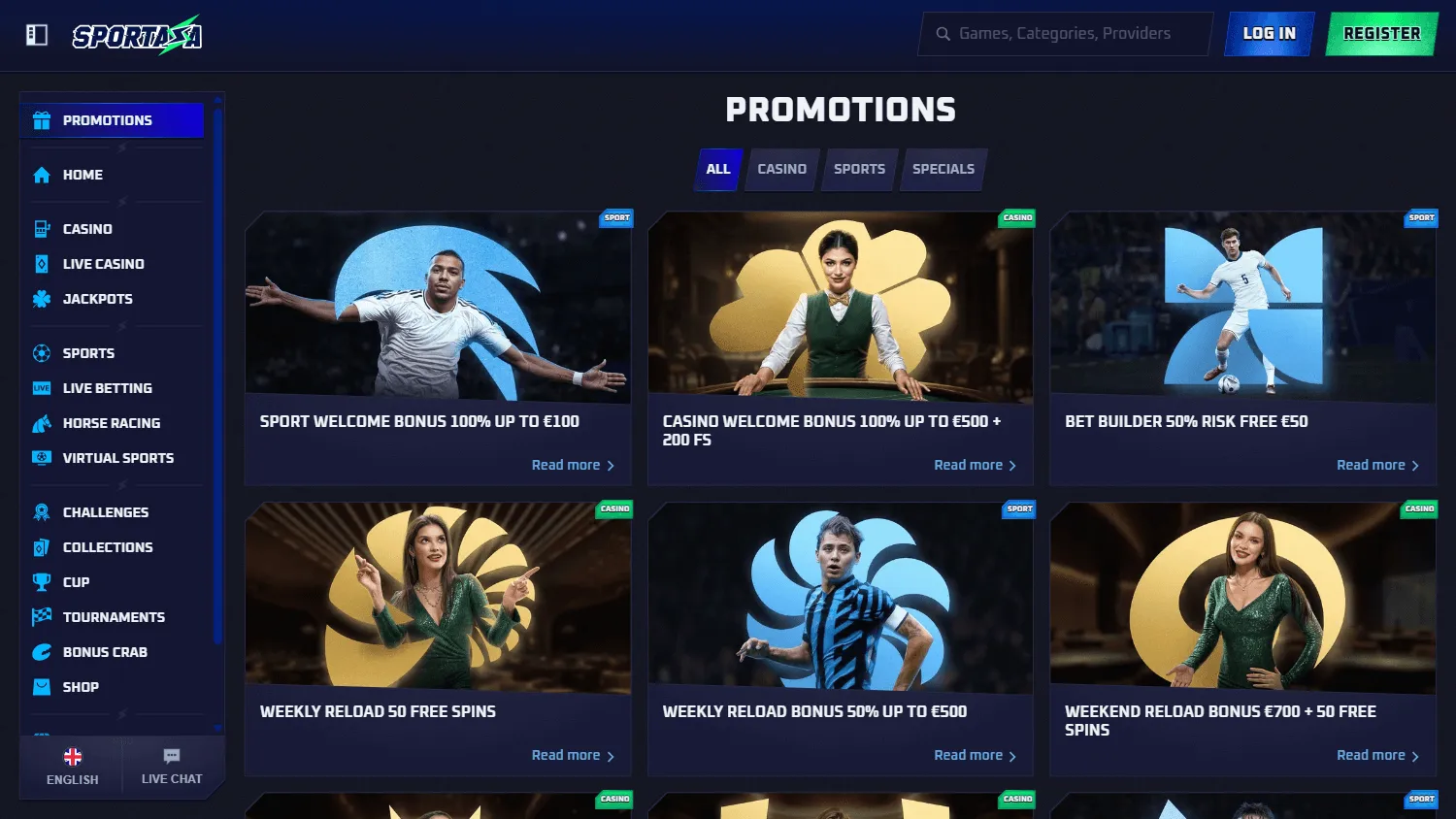 Sportaza Casino desktop promotions area with casino offers