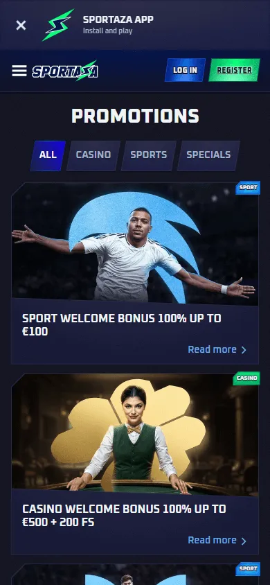 Sportaza Casino mobile promotions area with available offers