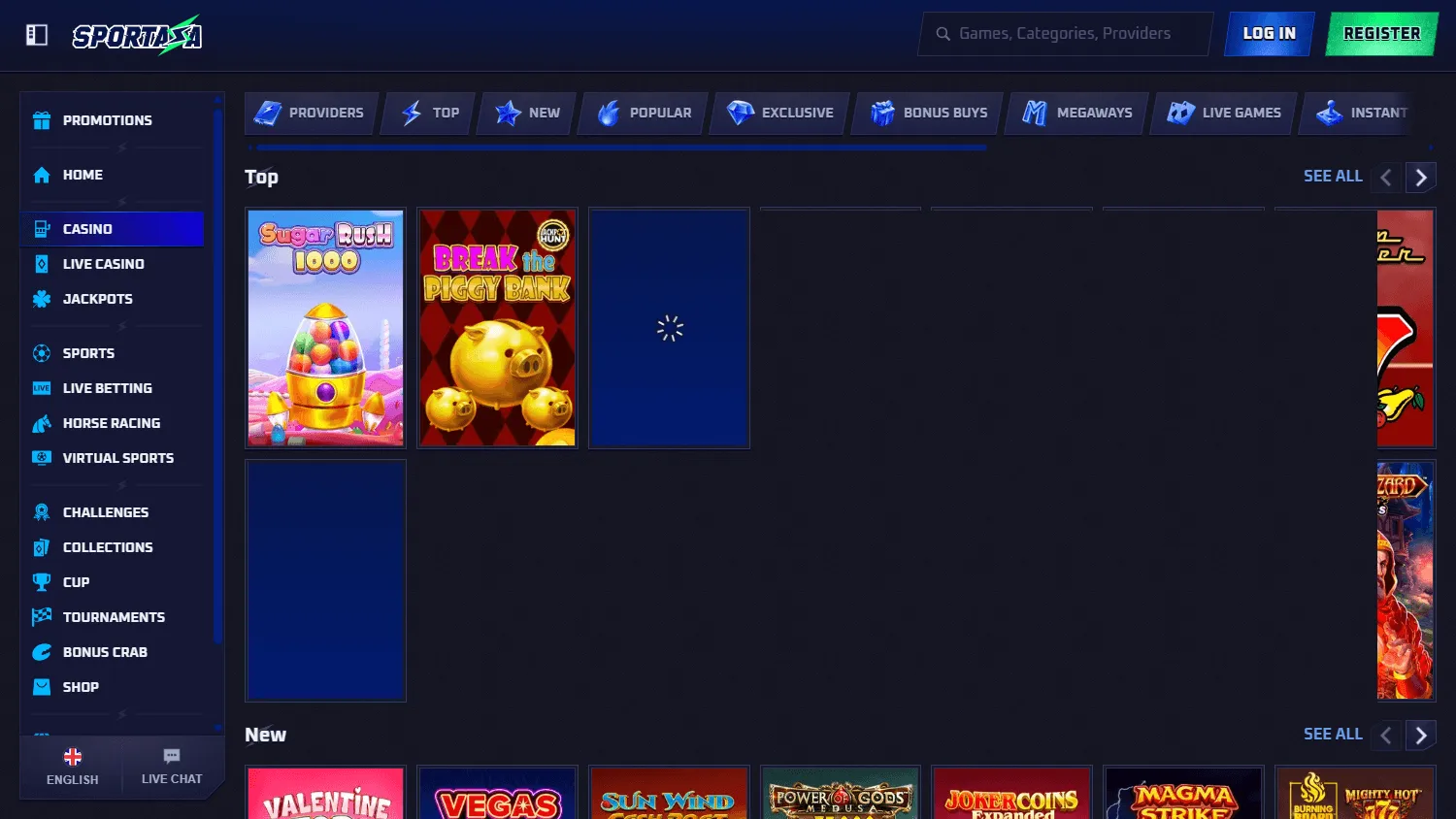 Sportaza Casino desktop games area with casino categories